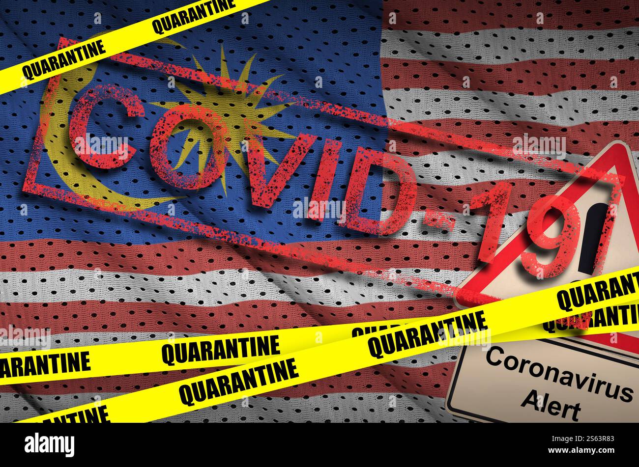 Drapeau de Malaisie et ruban jaune de quarantaine COVID-19 avec tampon rouge. Concept de coronavirus ou virus 2019-nCoV. Pavillon de Malaisie et quarantaine COVID-19 Banque D'Images Drapeau de Malaisie et ruban jaune de quarantaine COVID-19 avec tampon rouge. Concept de coronavirus ou virus 2019-nCoV. Pavillon de Malaisie et quarantaine COVID-19 Banque D'Images