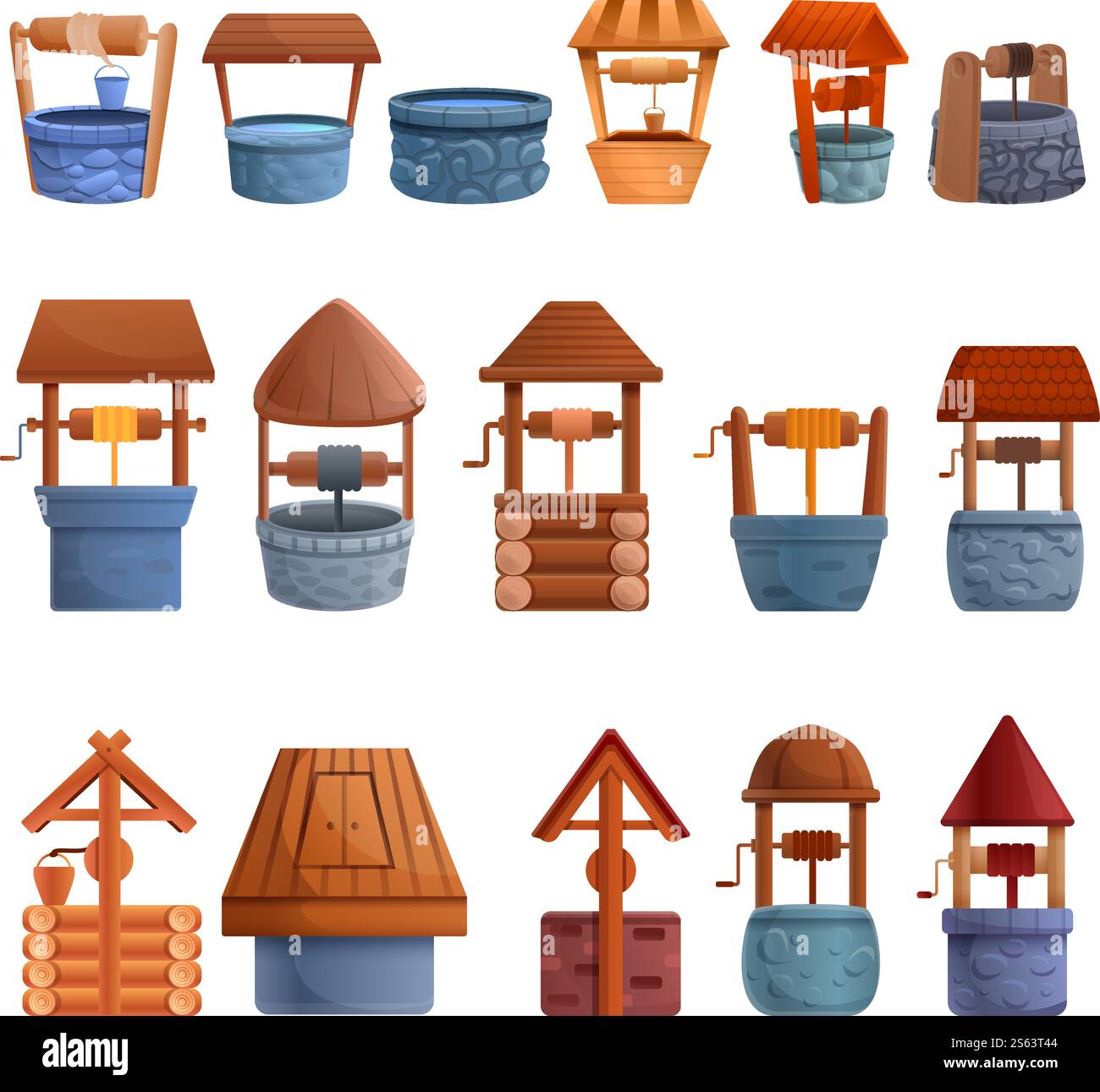 Icônes de puits d'eau définies. Ensemble de dessins animés d'icônes vectorielles de puits d'eau pour la conception de Web. Icônes de puits d'eau définies, style de bande dessinée Illustration de Vecteur