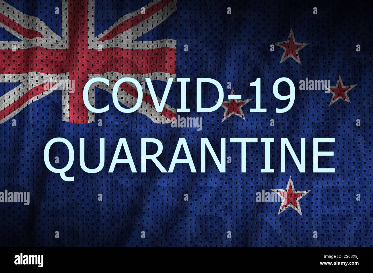 Drapeau néo-zélandais et inscription de quarantaine COVID-19. Concept de coronavirus ou virus 2019-nCoV. Drapeau néo-zélandais et inscription de quarantaine COVID-19. Banque D'Images