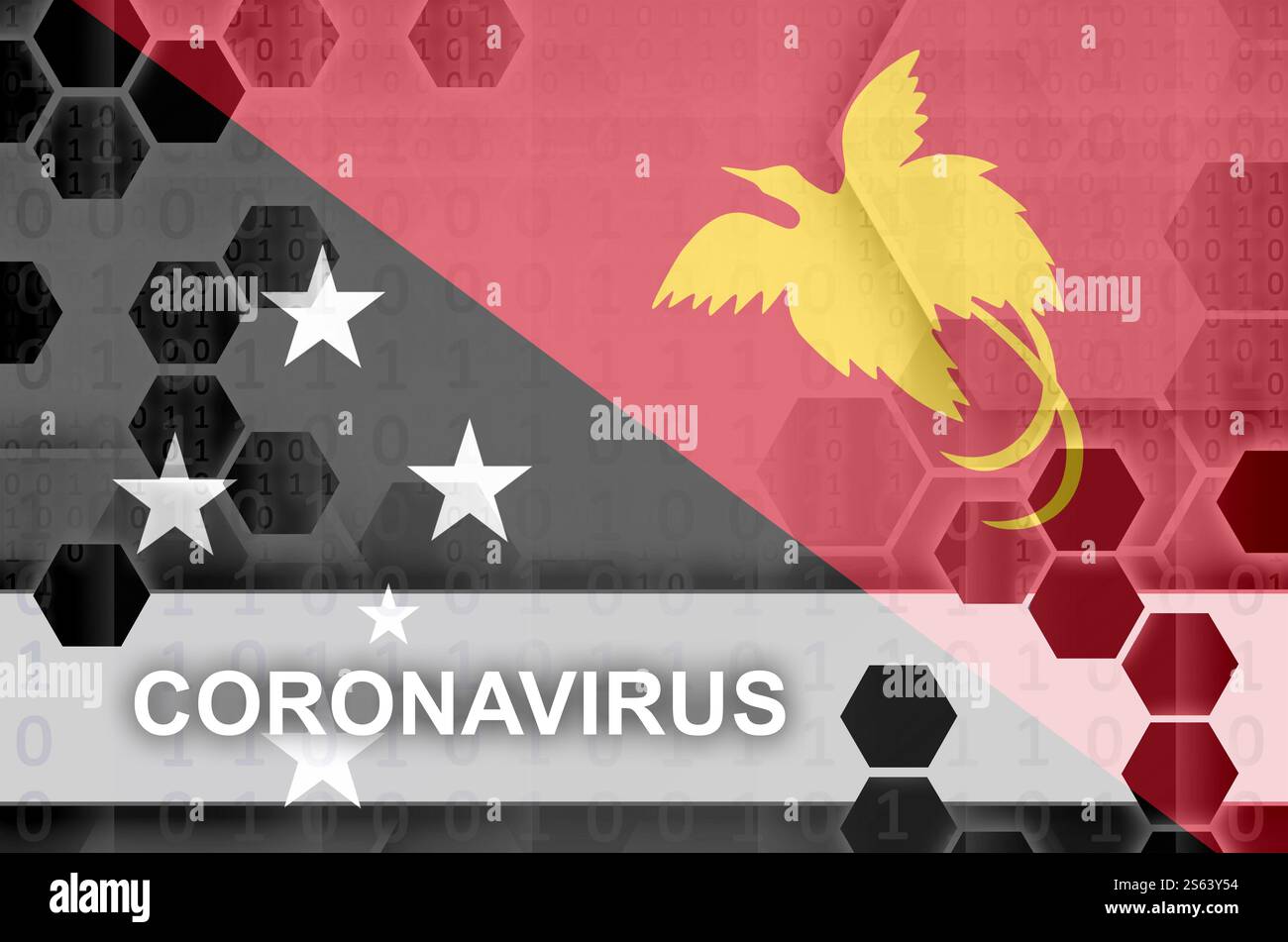 Drapeau de Papouasie-Nouvelle-Guinée et composition abstraite numérique futuriste avec inscription Coronavirus. Concept de flambée du virus COVID-19. Papouasie-Nouvelle-Guinée Banque D'Images