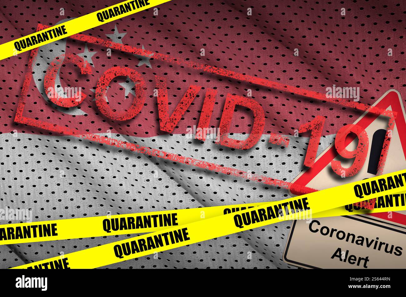 Drapeau de Singapour et ruban jaune de quarantaine COVID-19 avec tampon rouge. Concept de coronavirus ou virus 2019-nCoV. Drapeau de Singapour et quarantaine COVID-19 Banque D'Images Drapeau de Singapour et ruban jaune de quarantaine COVID-19 avec tampon rouge. Concept de coronavirus ou virus 2019-nCoV. Drapeau de Singapour et quarantaine COVID-19 Banque D'Images