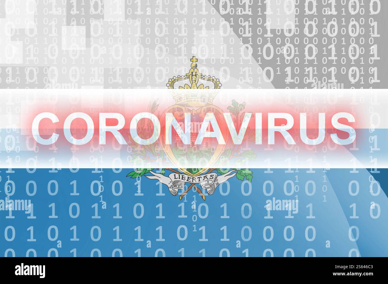 Drapeau de Saint-Marin et composition abstraite numérique futuriste avec inscription blanche Coronavirus. Concept de flambée du virus COVID-19. Drapeau de Saint-Marin et Banque D'Images