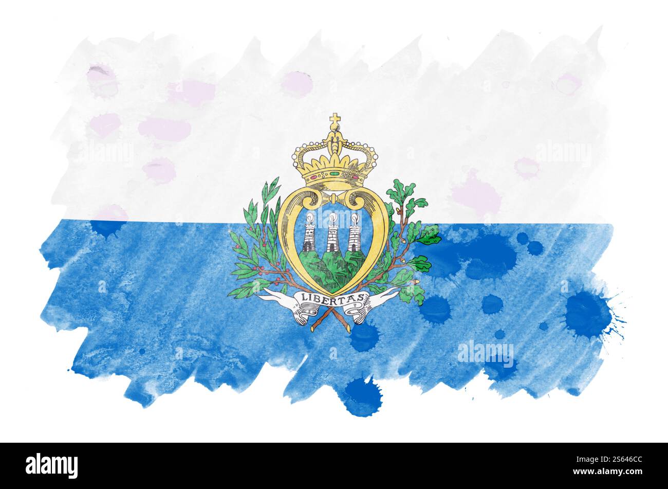 Le drapeau de Saint-Marin est représenté dans un style aquarelle liquide isolé sur fond blanc. Ombrage de peinture négligent avec l'image du drapeau national. Indépendance Banque D'Images