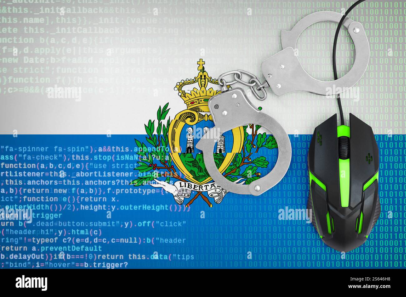 Drapeau de Saint-Marin et souris d'ordinateur moderne rétro-éclairée menottée. Concept créatif de lutte contre la criminalité informatique, les pirates informatiques et le piratage. Drapeau de Saint-Marin et Banque D'Images