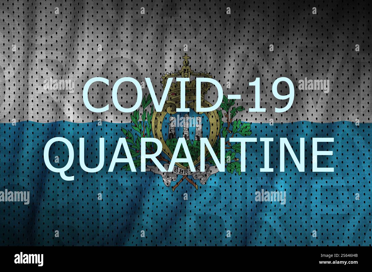 Drapeau de Saint-Marin et inscription de quarantaine COVID-19. Concept de coronavirus ou virus 2019-nCoV. Drapeau de Saint-Marin et inscription de quarantaine COVID-19. Banque D'Images