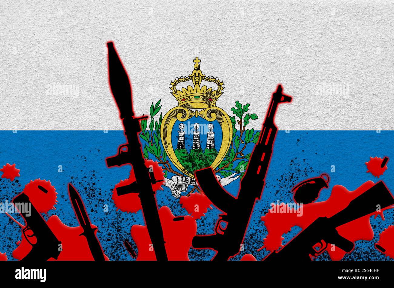 Drapeau de Saint-Marin et diverses armes de sang rouge. Concept d'attaque terroriste ou d'opérations militaires ayant un résultat létal. Trafic d'armes à feu. Saint-Marin Banque D'Images