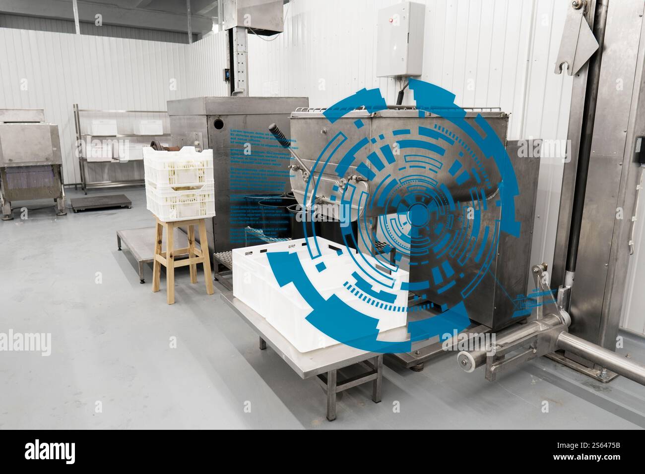 Industrie alimentaire. Hologramme avec interface HUD sur le fond de l'équipement de préparation des aliments dans une usine alimentaire moderne Banque D'Images