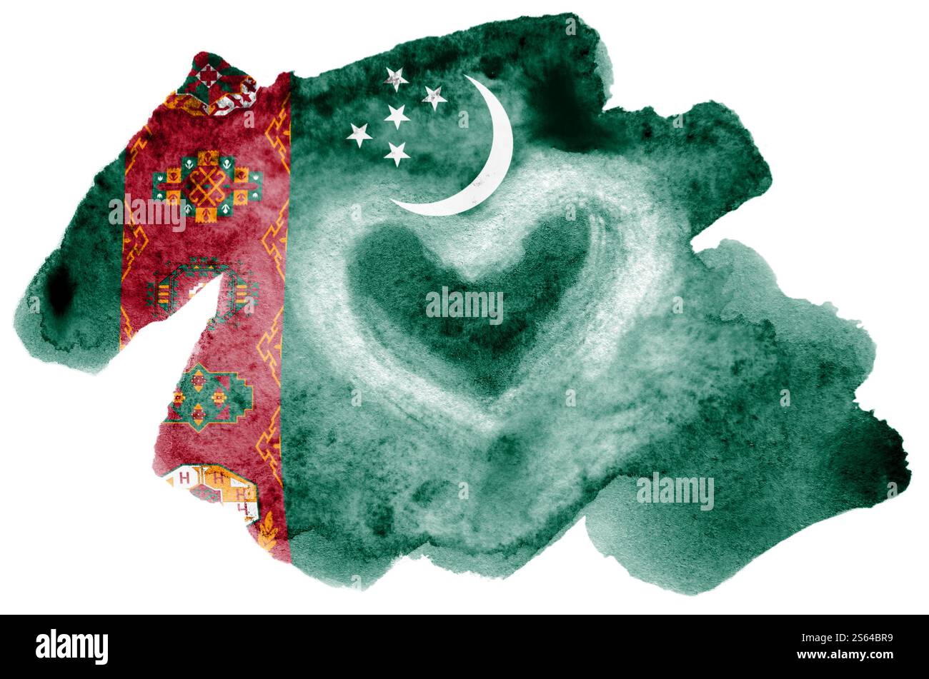 Le drapeau du Turkménistan est représenté dans un style aquarelle liquide isolé sur fond blanc. Ombrage de peinture négligent avec l'image du drapeau national. Banque D'Images