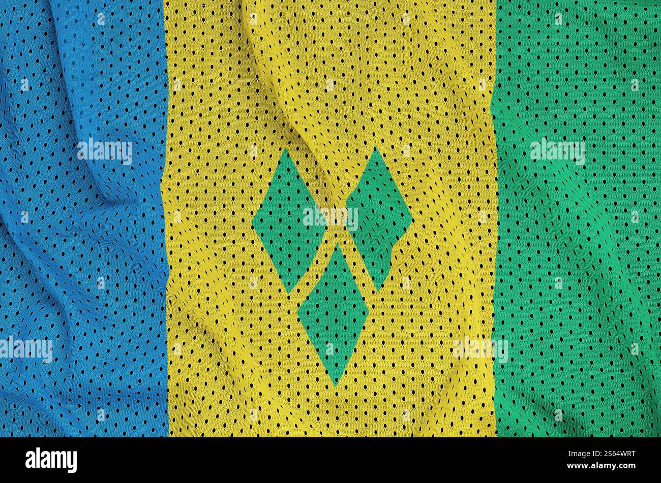 Drapeau de Saint Vincent et les Grenadines imprimé sur un tissu en maille de sport en nylon polyester avec quelques plis. Drapeau de Saint-Vincent-et-les Grenadines Banque D'Images