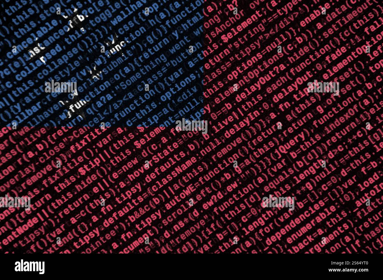 Le drapeau de Samoa est représenté sur l'écran avec le code du programme. Le concept de technologie moderne et de développement de site. Le drapeau de Samoa est représenté sur le Banque D'Images