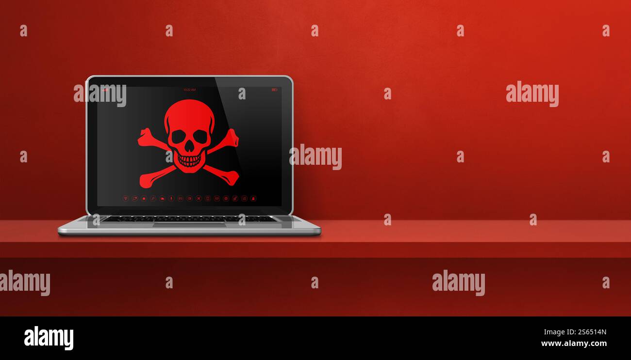 Ordinateur portable sur une étagère avec un symbole pirate à l'écran. Concept de piratage et de virus. Illustration 3D isolée sur fond rouge. Bannière horizontale. Ordinateur portable allumé Banque D'Images