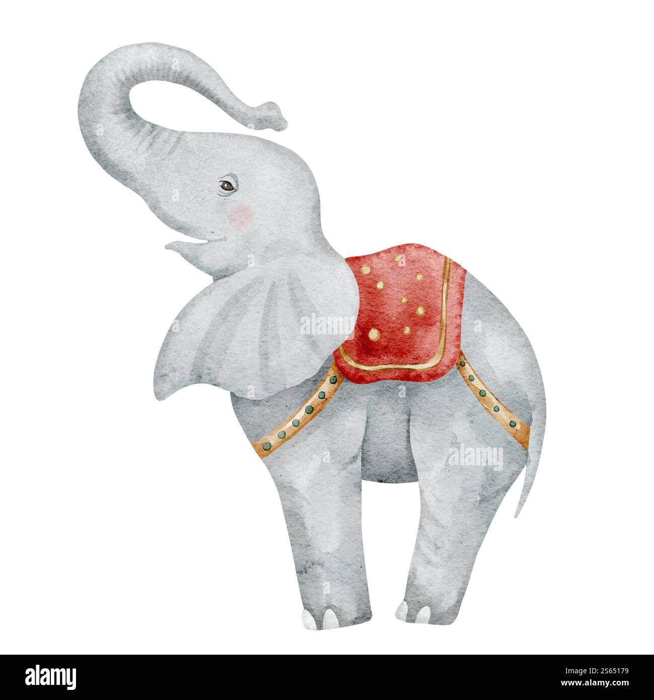 Aquarelle d'un éléphant de cirque avec selle rouge. Illustration de l'animal de carnaval pour les cartes de voeux de douche de bébé ou les invitations enfantines. Dessin d'art vintage pour les murs de pépinière d'enfants. Banque D'Images