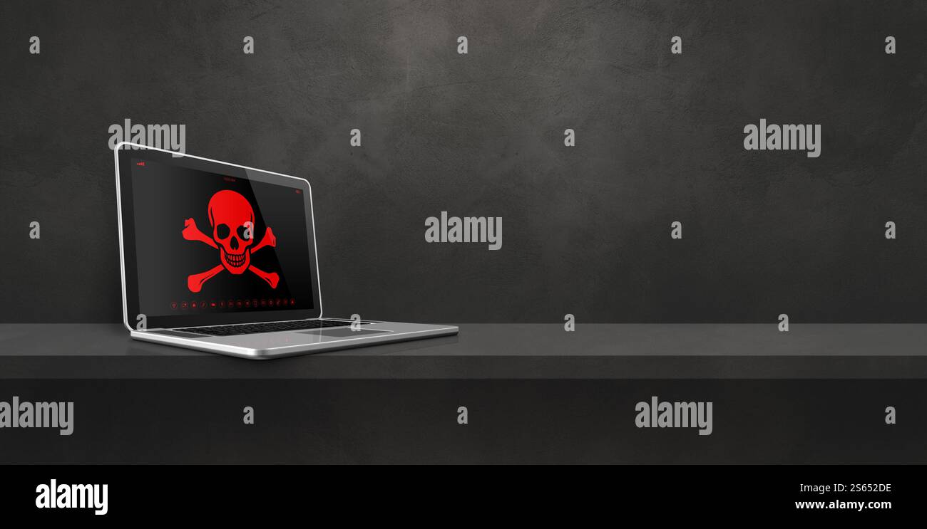 Ordinateur portable sur une étagère avec un symbole pirate à l'écran. Concept de piratage et de virus. Illustration 3D isolée sur fond noir. Bannière horizontale. Ordinateur portable Banque D'Images