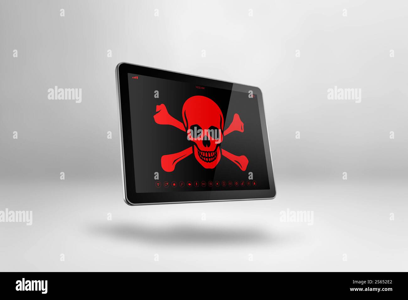 Tablet PC numérique avec un symbole de pirate à l'écran. Concept de piratage et de virus. Illustration 3D isolée sur fond blanc. Tablet PC numérique avec Banque D'Images
