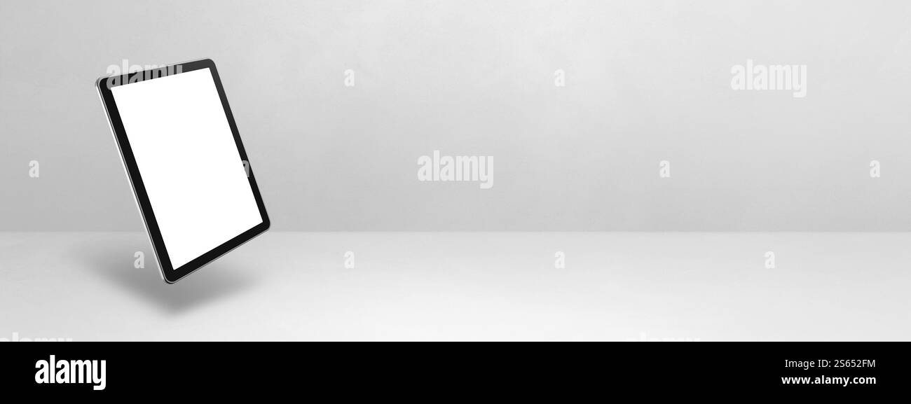 Ordinateur Tablet pc vierge flottant sur un fond blanc. Illustration isolée 3D. Modèle de bannière horizontale. Ordinateur Tablet pc flottant isolé Banque D'Images