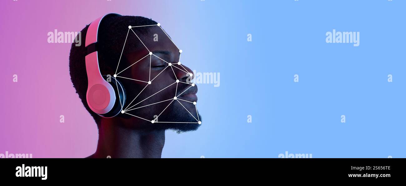 Technologie de reconnaissance faciale montrée sur un homme portant des écouteurs dans une scène moderne Banque D'Images