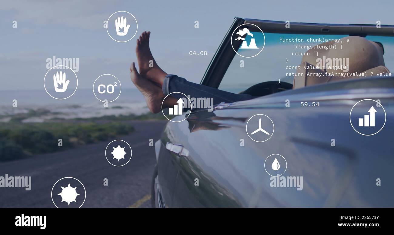 Données environnementales et image de durabilité sur la personne se relaxant en voiture à la plage Banque D'Images