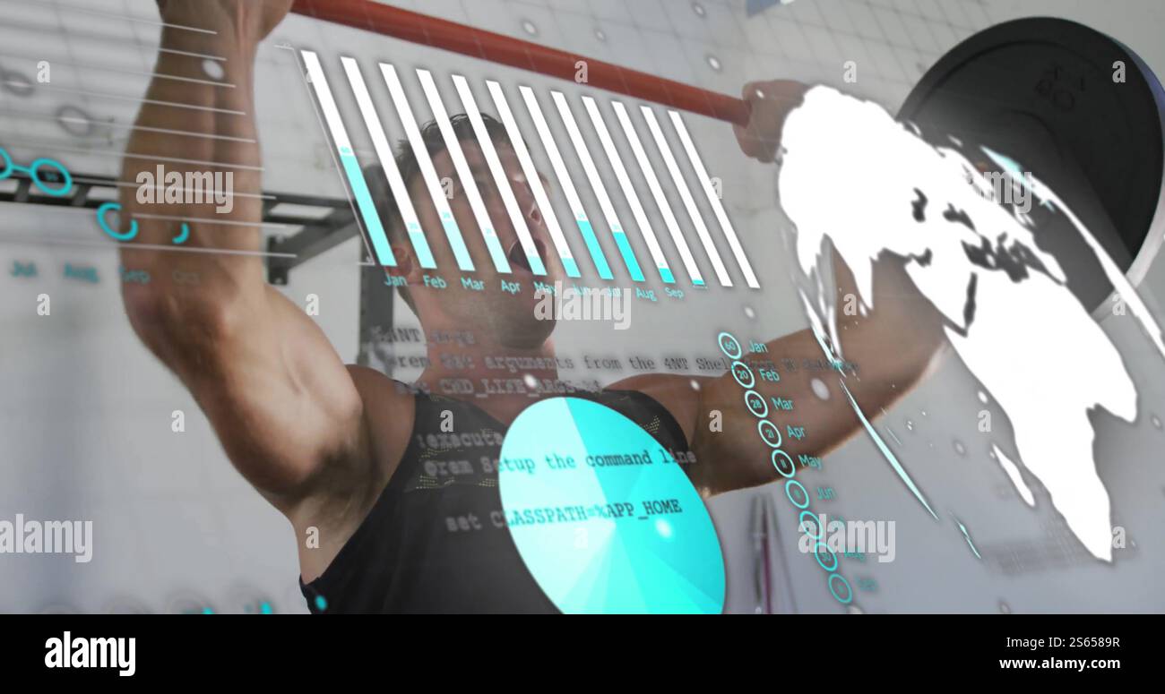 Image des graphiques et du traitement des données sur un homme caucasien soulevant des poids au gymnase Banque D'Images