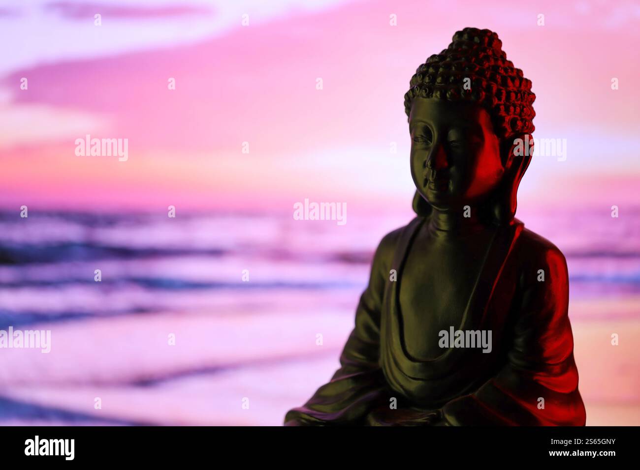 Bouddha Purnima et concept de jour Vesak, statue de Bouddha avec lumière basse sur fond beau et coloré en gros plan. Méditation. Bouddha Purnima Banque D'Images