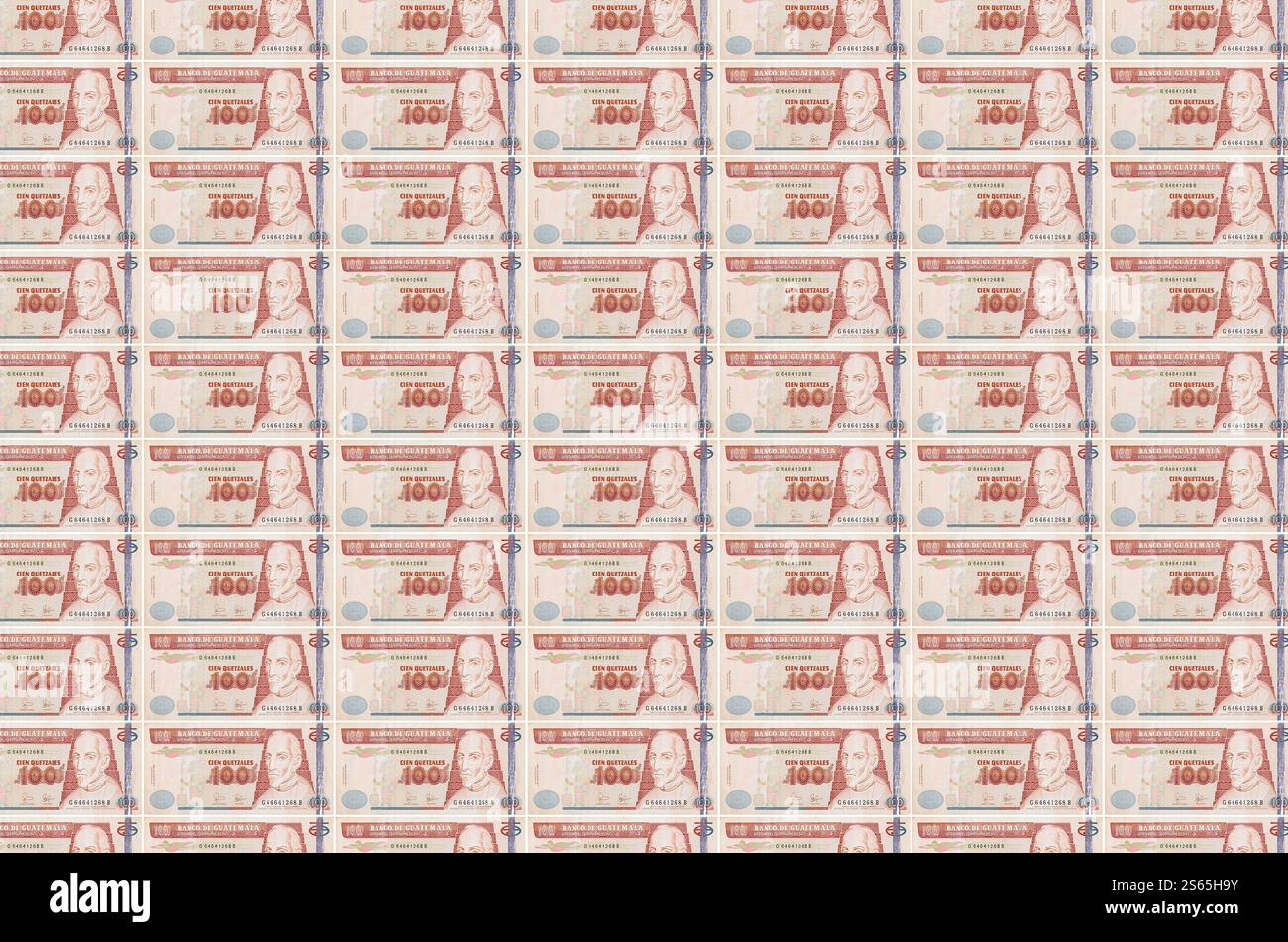 100 billets de quetzales guatémaltèques imprimés dans un convoyeur de production de monnaie. Collage de nombreuses factures. Concept d'inflation et de dévaluation monétaires. 100 Banque D'Images