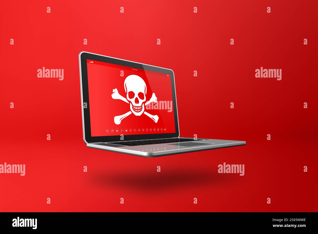 Ordinateur portable avec un symbole pirate à l'écran. Concept de piratage et de virus. Illustration 3D isolée sur fond rouge. Ordinateur portable avec un symbole pirate à l'écran. Banque D'Images