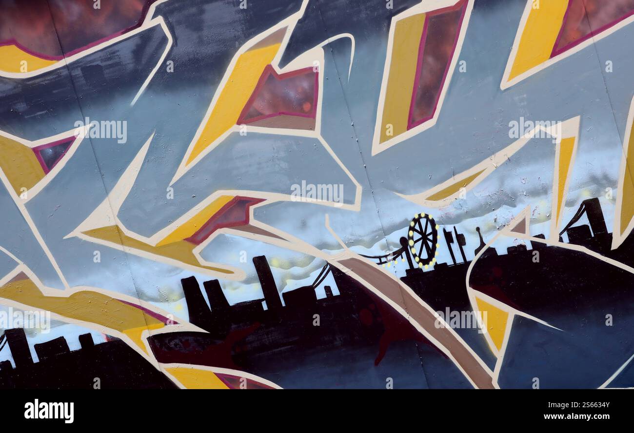 Fond coloré de graffiti peinture d'art avec des bandes d'aérosol brillantes sur le mur en métal. Pièce d'art de rue Old School faite avec de la peinture en aérosol Banque D'Images