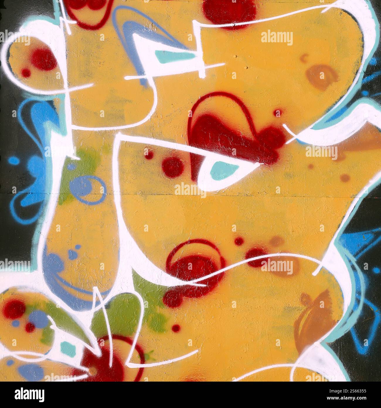 Fond coloré de graffiti peinture d'art avec des bandes d'aérosol brillantes sur le mur en métal. Pièce d'art de rue Old School faite avec de la peinture en aérosol Banque D'Images