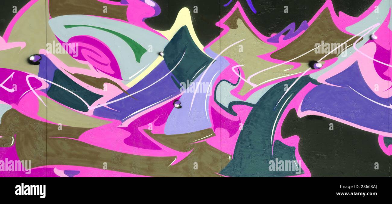 Fond coloré de graffiti peinture d'art avec des bandes d'aérosol brillantes sur le mur en métal. Pièce d'art de rue Old School faite avec de la peinture en aérosol Banque D'Images