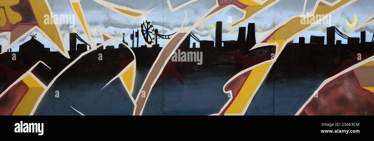 Fond coloré de graffiti peinture d'art avec des bandes d'aérosol brillantes sur le mur en métal. Pièce d'art de rue Old School faite avec de la peinture en aérosol Banque D'Images