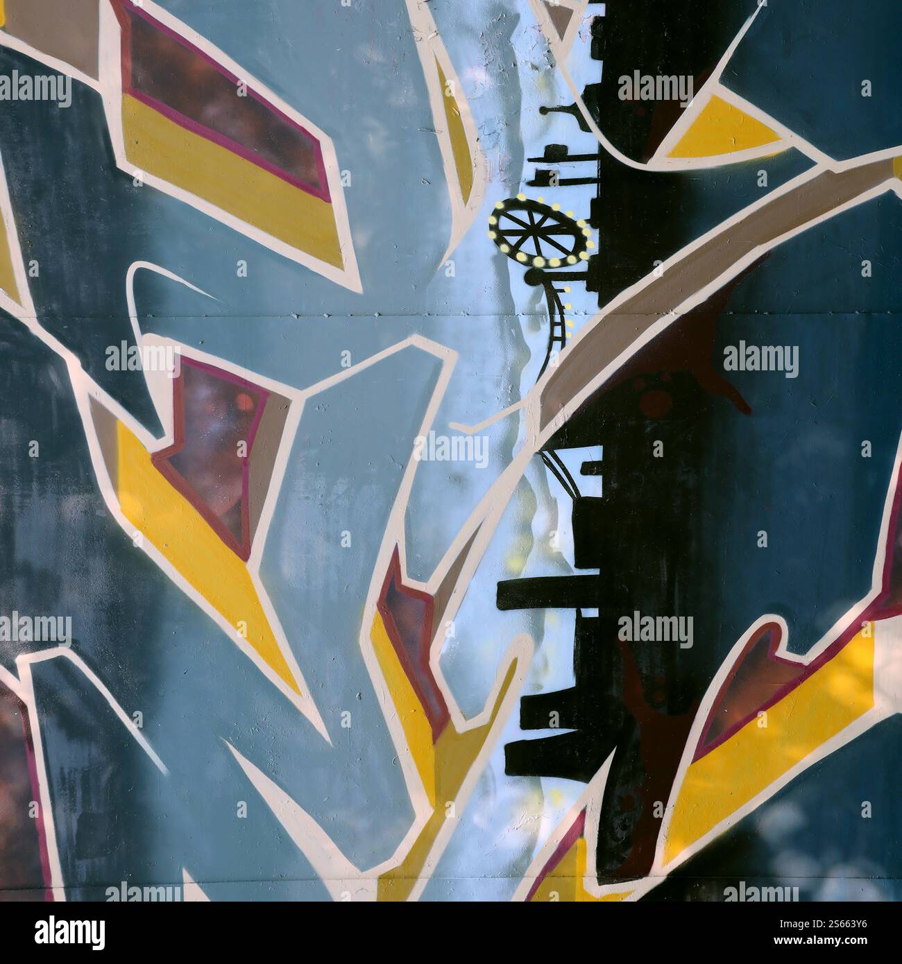 Fond coloré de graffiti peinture d'art avec des bandes d'aérosol brillantes sur le mur en métal. Pièce d'art de rue Old School faite avec de la peinture en aérosol Banque D'Images