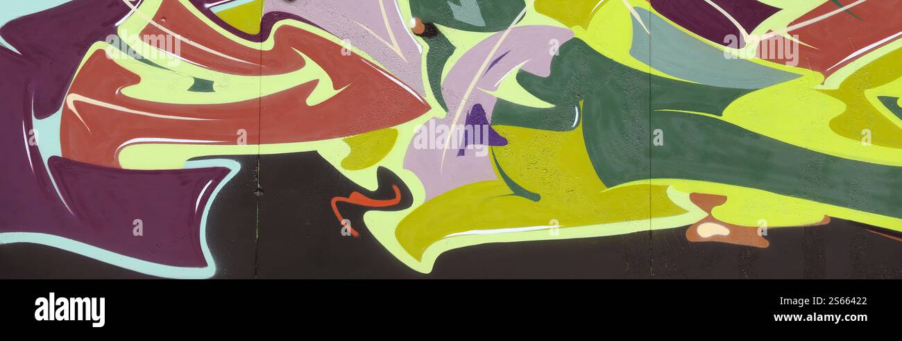 Fond coloré de graffiti peinture d'art avec des bandes d'aérosol brillantes sur le mur en métal. Pièce d'art de rue Old School faite avec de la peinture en aérosol Banque D'Images