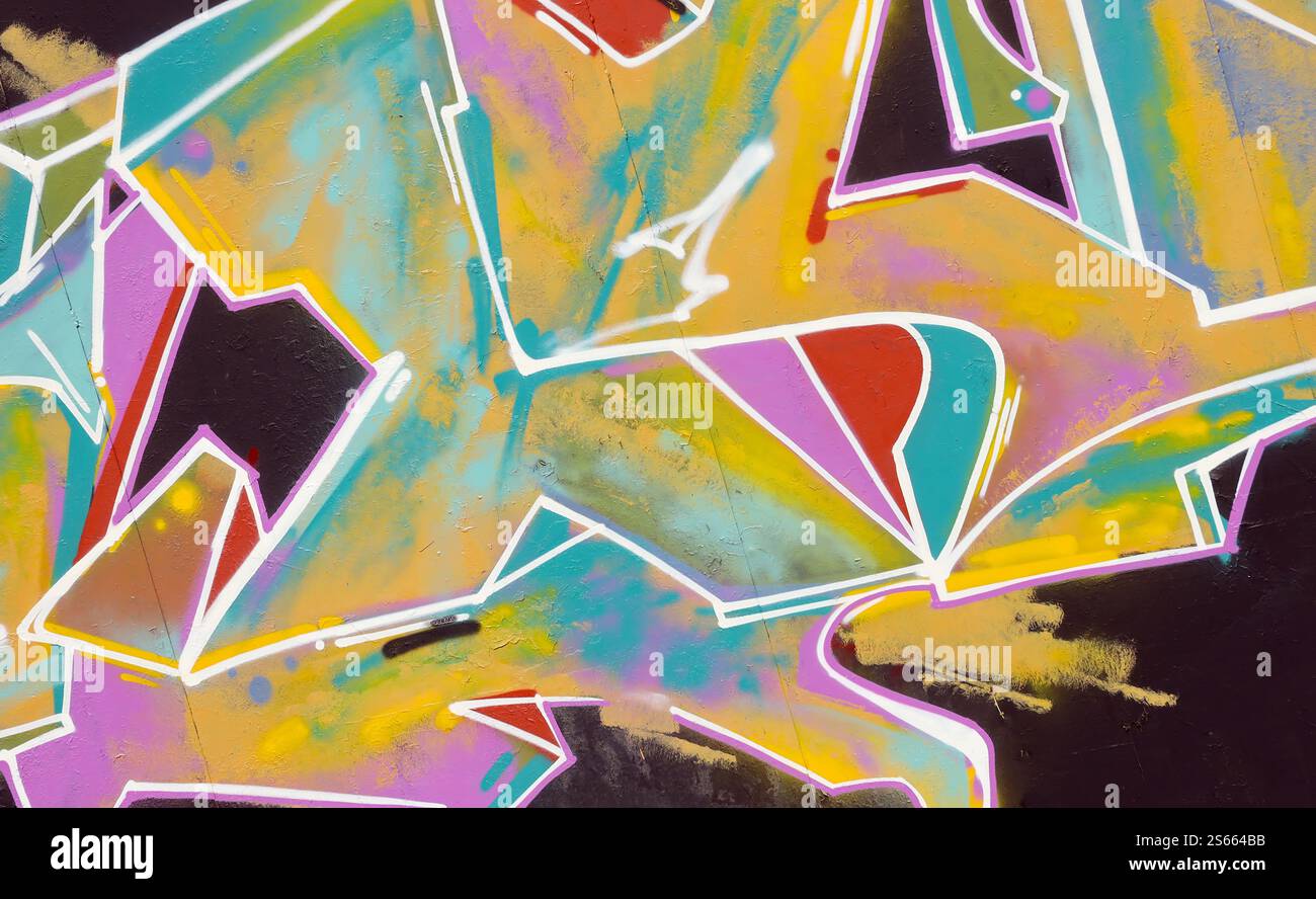 Fond coloré de graffiti peinture d'art avec des bandes d'aérosol brillantes sur le mur en métal. Pièce d'art de rue Old School faite avec de la peinture en aérosol Banque D'Images