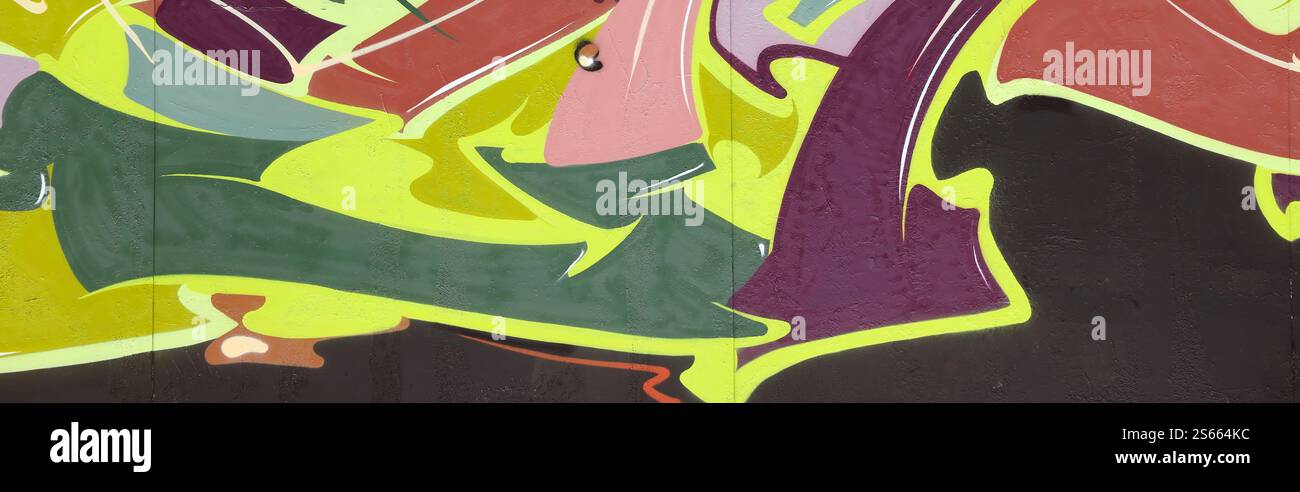 Fond coloré de graffiti peinture d'art avec des bandes d'aérosol brillantes sur le mur en métal. Pièce d'art de rue Old School faite avec de la peinture en aérosol Banque D'Images