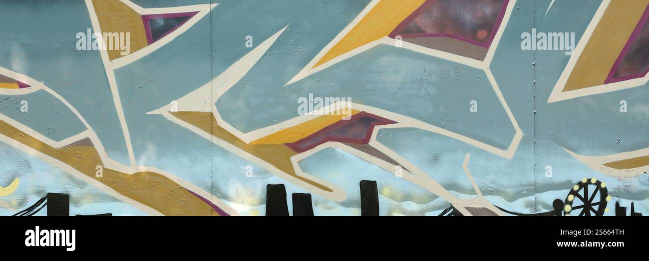 Fond coloré de graffiti peinture d'art avec des bandes d'aérosol brillantes sur le mur en métal. Pièce d'art de rue Old School faite avec de la peinture en aérosol Banque D'Images