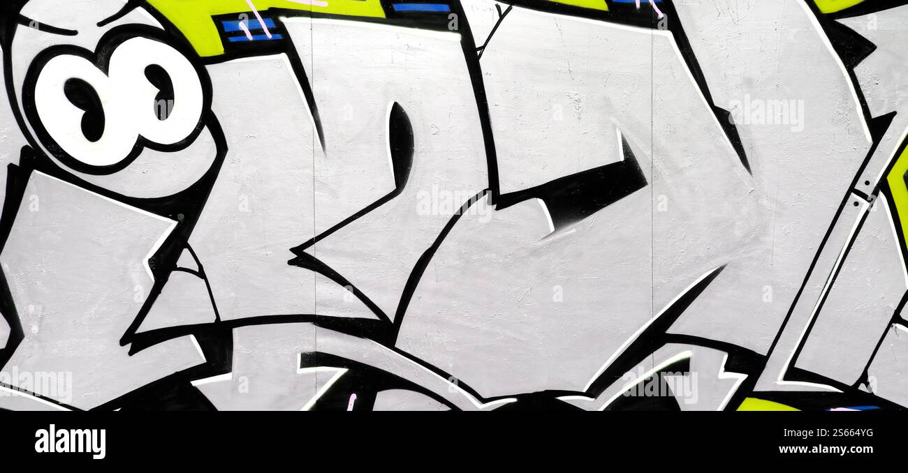 Fond coloré de graffiti peinture d'art avec des bandes d'aérosol brillantes sur le mur en métal. Pièce d'art de rue Old School faite avec de la peinture en aérosol Banque D'Images