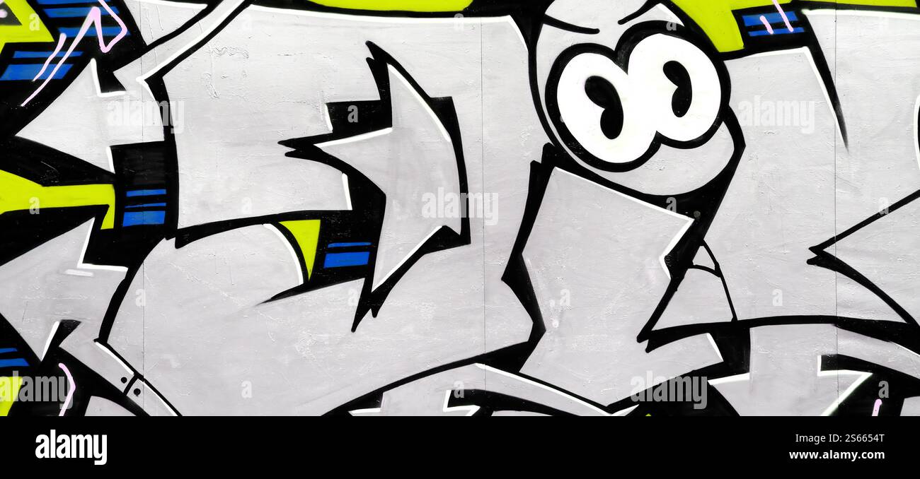 Fond coloré de graffiti peinture d'art avec des bandes d'aérosol brillantes sur le mur en métal. Pièce d'art de rue Old School faite avec de la peinture en aérosol Banque D'Images