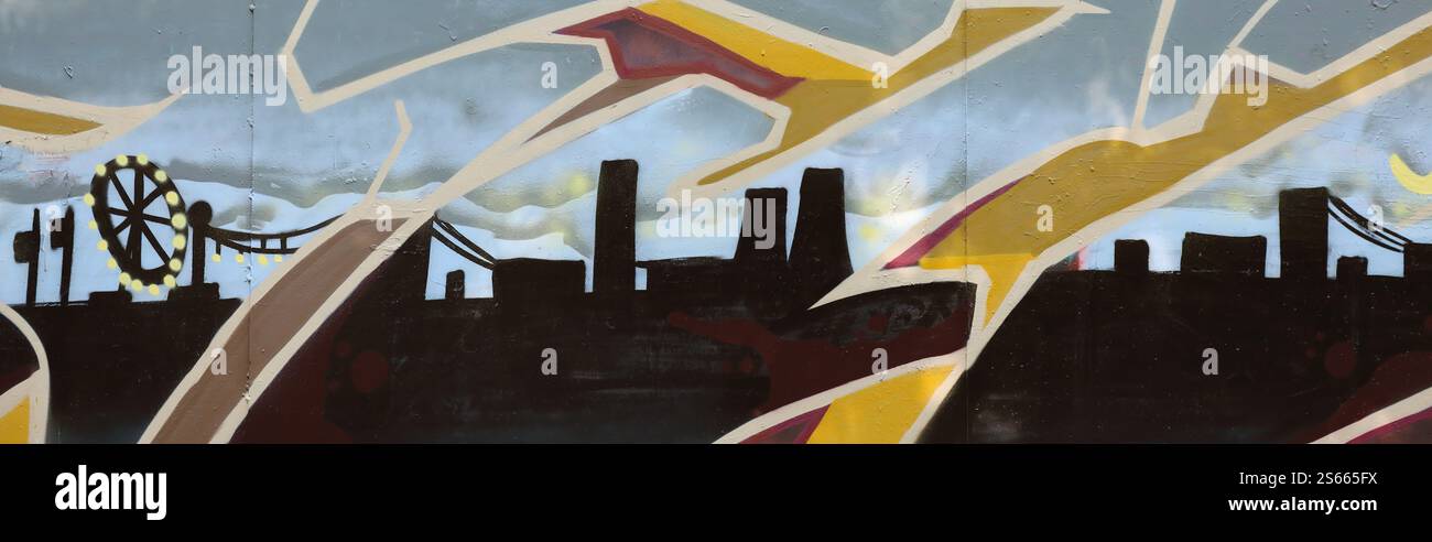 Fond coloré de graffiti peinture d'art avec des bandes d'aérosol brillantes sur le mur en métal. Pièce d'art de rue Old School faite avec de la peinture en aérosol Banque D'Images