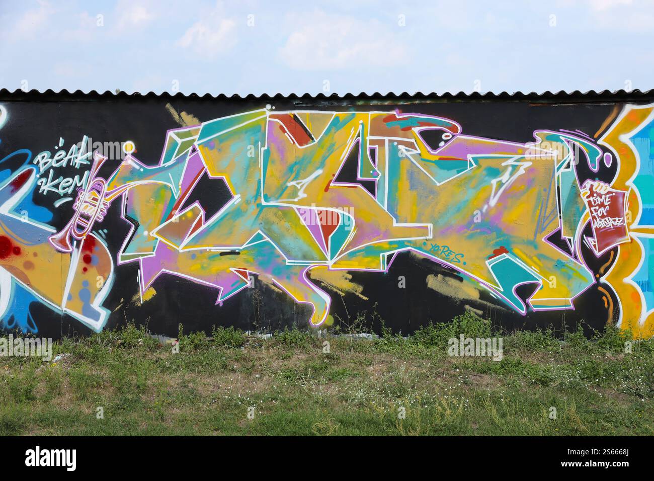 Fond coloré de graffiti peinture d'art avec des bandes d'aérosol brillantes sur le mur en métal. Pièce d'art de rue Old School faite avec de la peinture en aérosol Banque D'Images