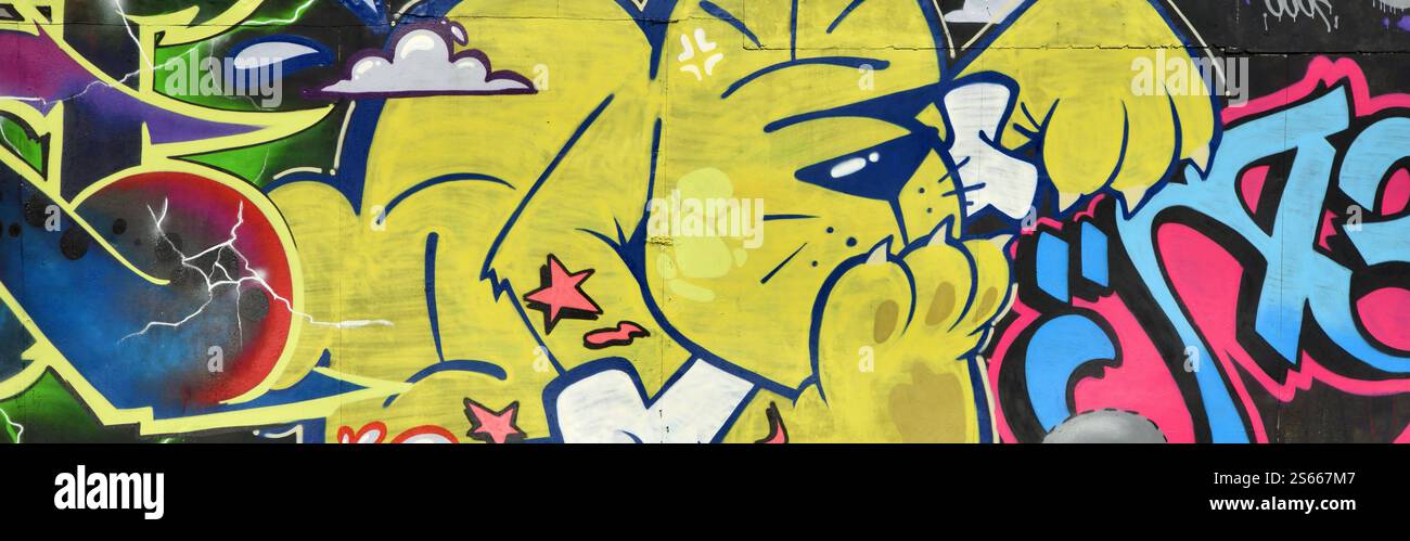Fond coloré de graffiti peinture d'art avec des bandes d'aérosol brillantes sur le mur en métal. Pièce d'art de rue Old School faite avec de la peinture en aérosol Banque D'Images