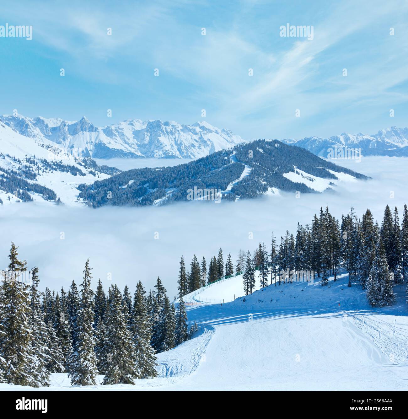 Paysage de montagne Hiver Matin de nuages dans la vallée ci-dessous (Hochkoenig région, Autriche) Banque D'Images