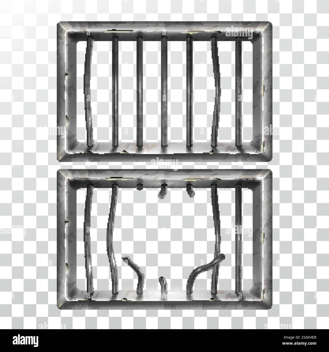 Fenêtre de prison et barres métalliques cassées Set Vector. Treillis métallique en acier de prison endommagé. Gaol Jail Security Grunge Iron Grid, Confine cage Equipment Template illustrations 3D réalistes. Fenêtre de prison et barres métalliques cassées Set Vector Illustration de Vecteur