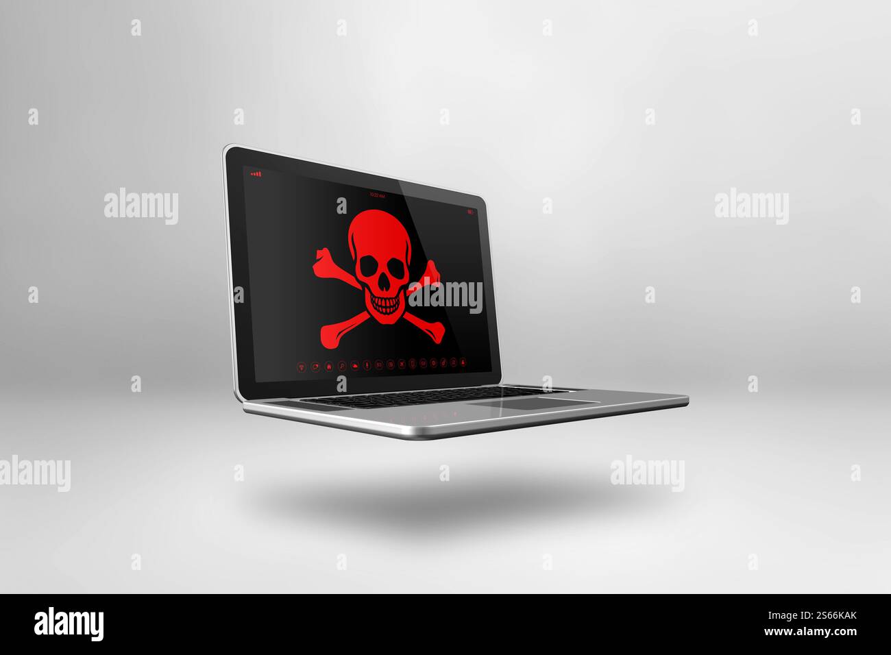 Ordinateur portable avec un symbole pirate à l'écran. Concept de piratage et de virus. Illustration 3D isolée sur fond blanc. Ordinateur portable avec un symbole pirate Banque D'Images