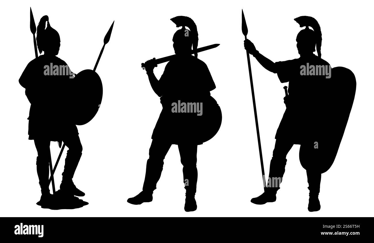 Anciens guerriers. Dessin de silhouette de soldats antiques. Banque D'Images