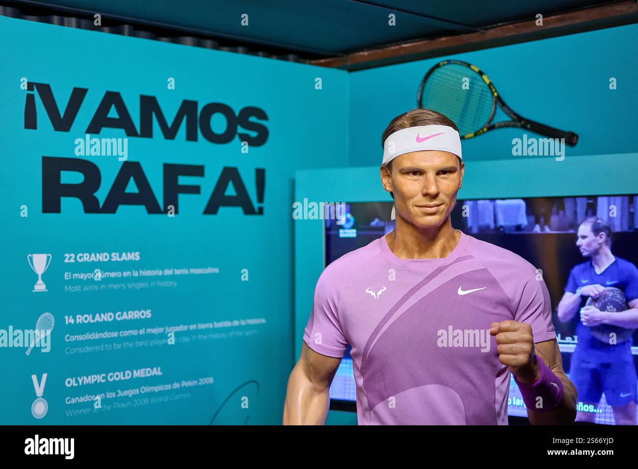 Madrid. Espagne - 16 janvier 2025 : figurine en cire de Rafael Nadal dans une tenue de tennis Nike violette, tenant une raquette de tennis, exposée à la Muse de cire de Madrid Banque D'Images
