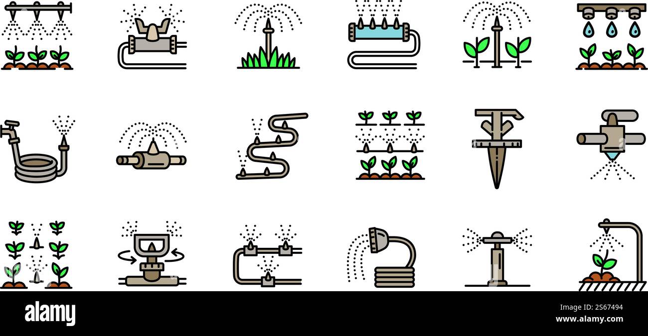Icônes du système d'irrigation définies. Ensemble de contours d'icônes vectorielles de système d'irrigation pour la conception de Web isolé sur fond blanc. Icônes du système d'irrigation définies, style de contour Illustration de Vecteur