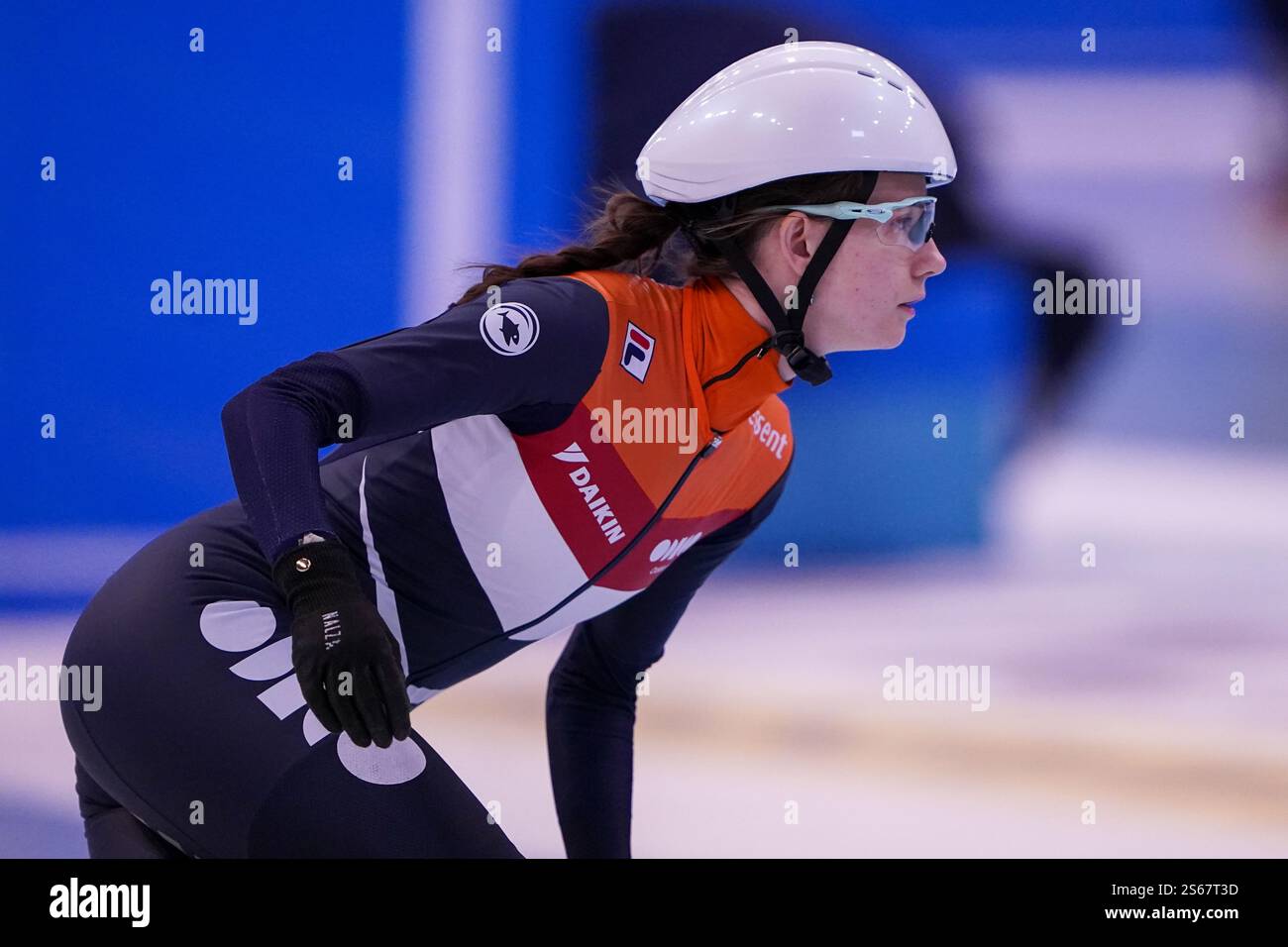 Dresde, Allemagne. 16 janvier 2025. DRESDE, ALLEMAGNE - 16 JANVIER : Selma Poutsma des pays-Bas lors d'un entraînement avant les Championnats d'Europe de patinage de vitesse sur courte piste 2025 de l'ISU à la JOYNEXT Arena le 16 janvier 2025 à Dresde, Allemagne (photo par Andre Weening/Orange Pictures) crédit : Orange pics BV/Alamy Live News Banque D'Images