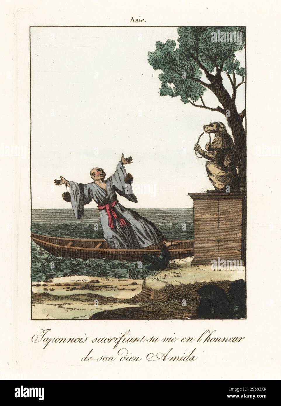 Homme japonais se sacrifiant en l'honneur de son Dieu Amidabha. Homme en kimono et obi dansant sur un bateau devant une statue de l'idole à visage de chien. Il saute dans la mer avec des pierres attachées aux pieds et aux mains pour se noyer. Japonnois sacrifiant sa vie en l'honneur de son dieu Amida. D'après une gravure de Bernard Picart. Gravure sur cuivre colorée à la main tirée de Moeurs et Coutumes des peuples ou Collection de tableaux représentant les usages remarquables, les mariages, funérailles, supplices et fêtes des diverses Nations du monde, Manners and Customs of Peoples, Veuve Hocquart, Paris, 1811. Banque D'Images