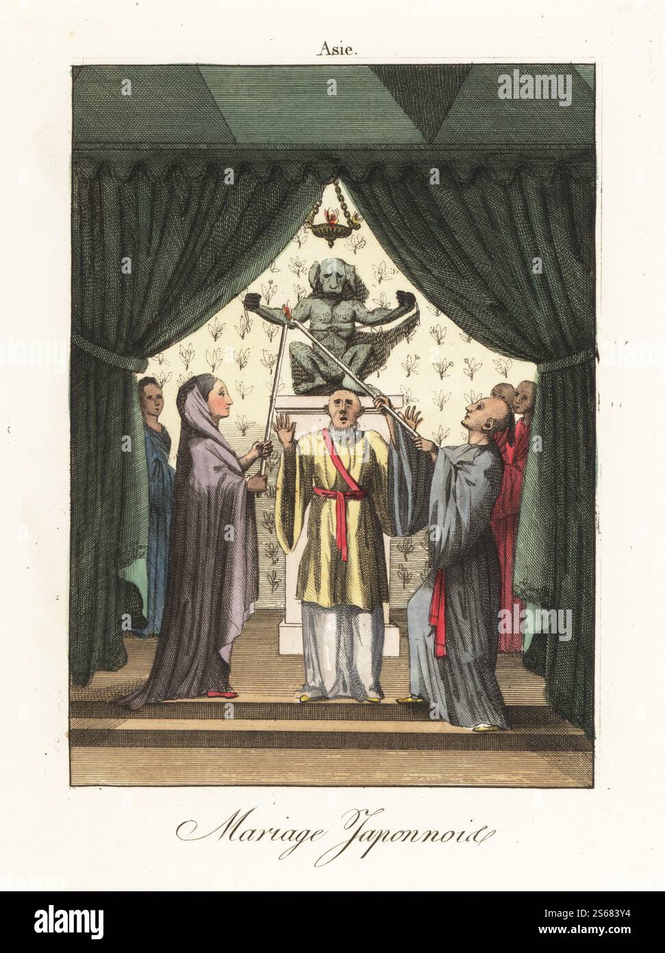 Cérémonie de mariage japonaise. Comme un prêtre récite une prière, la lumière de la mariée et le marié s'effilent longtemps. La cérémonie de mariage a lieu dans un sanctuaire de tente sur une colline à l'extérieur de la ville, devant un autel au Dieu Amida à visage de chien. D'après une illustration de Bernard Picart. Mariage Japonnois. Gravure sur cuivre colorée à la main tirée de Moeurs et Coutumes des peuples ou Collection de tableaux représentant les usages remarquables, les mariages, funérailles, supplices et fêtes des diverses Nations du monde, Manners and Customs of Peoples, Veuve Hocquart, Paris, 1811. Banque D'Images