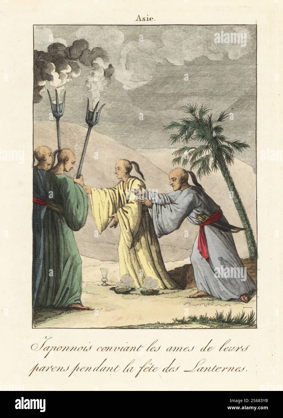 Japonais accueillant les âmes de leurs ancêtres lors de la Fête des lanternes ou Obon. Les hommes japonais en kimono et obi avec des épées et des queues de cochon, offrent nourriture et boisson aux âmes de leurs ancêtres. Deux hommes avec des torches éclairent le chemin pour les âmes qui reviennent. Japonnois conviant les ammes de leurs parens pendant la fete des Lanternes. Gravure sur cuivre colorée à la main tirée de Moeurs et Coutumes des peuples ou Collection de tableaux représentant les usages remarquables, les mariages, funérailles, supplices et fêtes des diverses Nations du monde, Manners and Customs of Peoples, Veuve Hocquart, Paris, 18 Banque D'Images