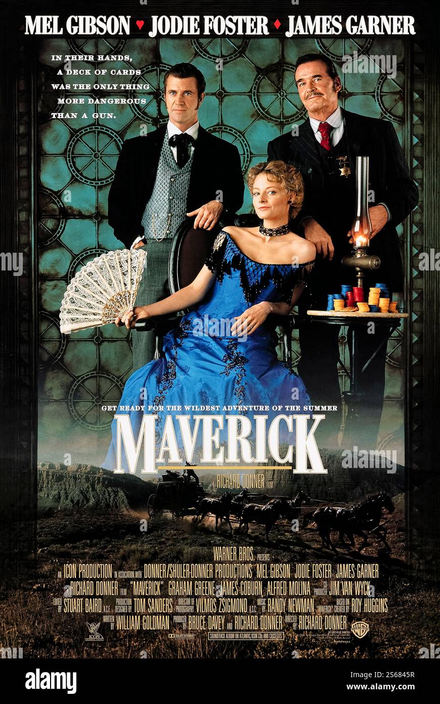 Maverick (1994) réalisé par Richard donner et mettant en vedette Mel Gibson, Jodie Foster et James Garner. Une charmante comédie occidentale sur un joueur escroc essayant de participer à un tournoi de poker à enjeux élevés. Photographie d'une affiche américaine originale de 1994 À USAGE ÉDITORIAL EXCLUSIF. Crédit : BFA / Warner Bros Banque D'Images